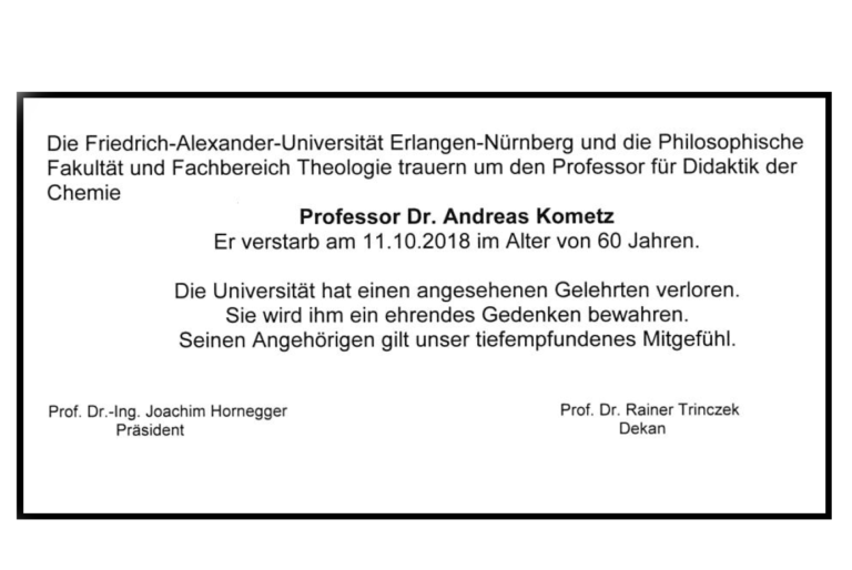 Die Fakultät trauert um Prof. Dr. Andreas Kometz